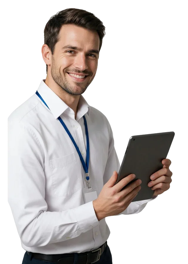 Smiling medical coding specialist holding a tablet while reviewing MNT claims