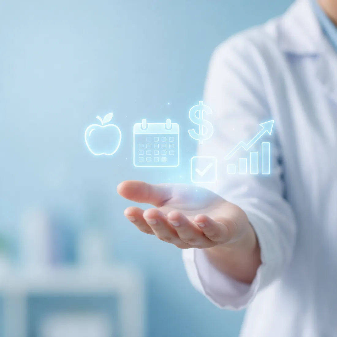 Clinician's open hand with glowing nutrition, calendar, payment and claim-approval icons