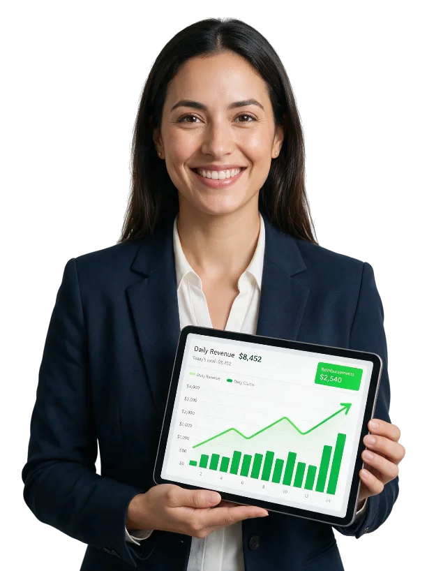 Medical billing expert holding a tablet showing a rising revenue dashboard