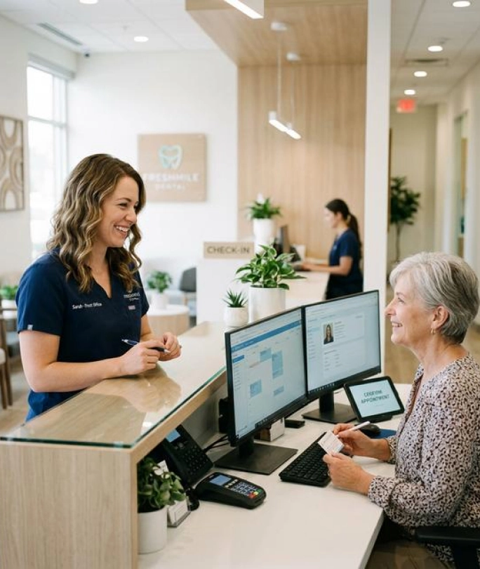 Dental front desk staff assisting a patient at check-in