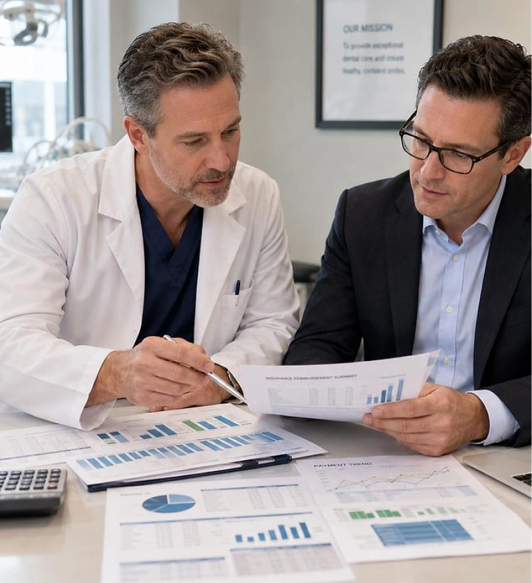 Dentist and billing expert reviewing dental revenue reports